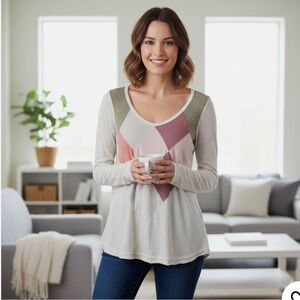 Free People Lt Gray/Off White Heather Diamond Argyle Long-Sleeve Tee XS EUC